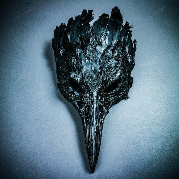 Black Raven Skull Nose w/ Feather Halloween Mask - Picture 2 of 10